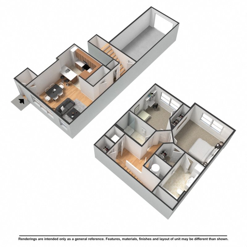 2 bedroom townhome rendering with furniture